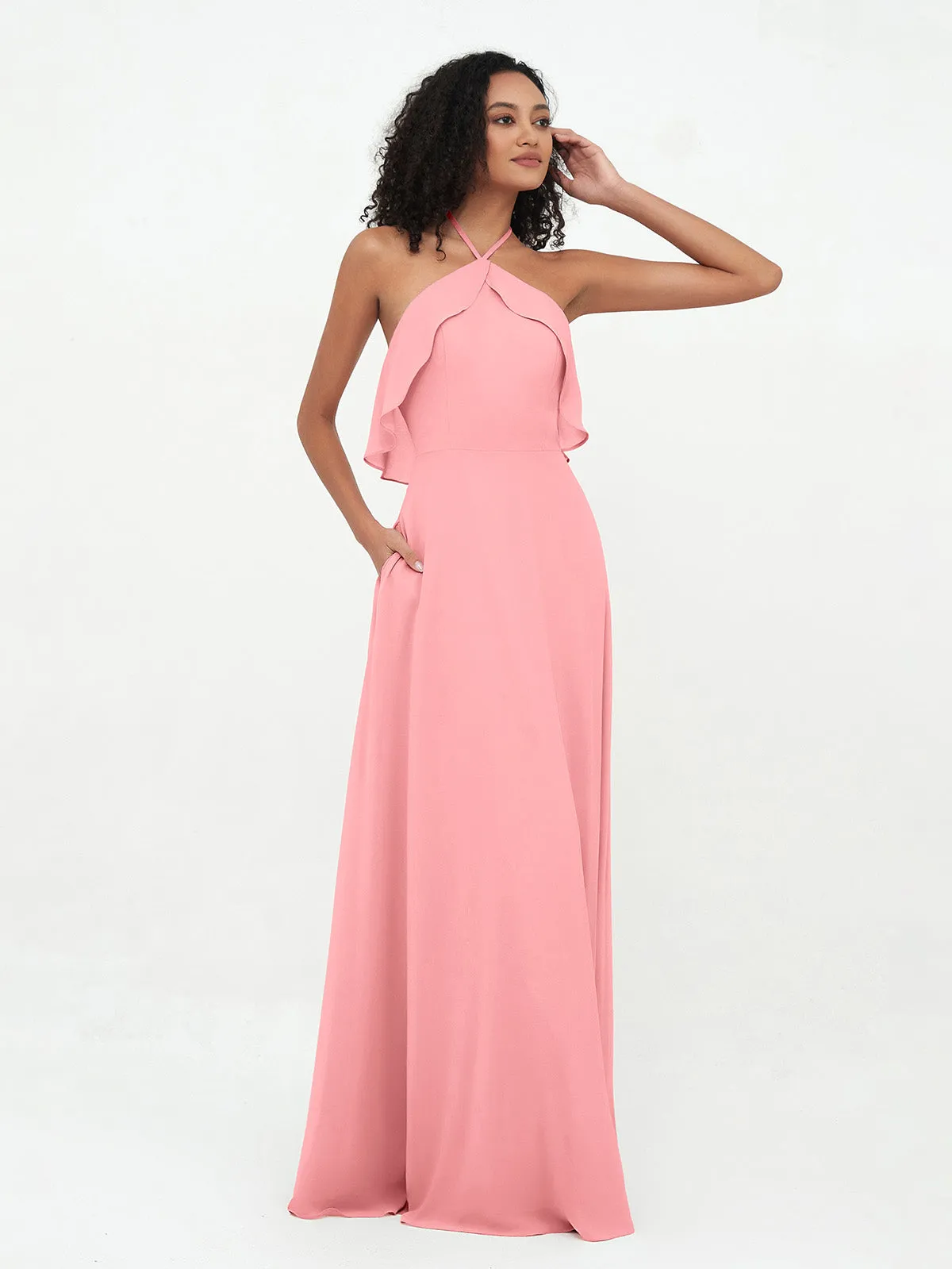 Halter Strap Chiffon Long Bridesmaid Dresses Flamingo Plus Size