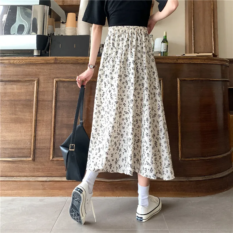 High Waist A-Line Skirt Mid-Length Petite Floral Fairy-Look Demure Elegant Women Skirt