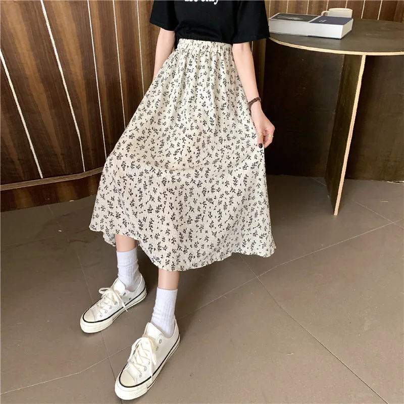 High Waist A-Line Skirt Mid-Length Petite Floral Fairy-Look Demure Elegant Women Skirt