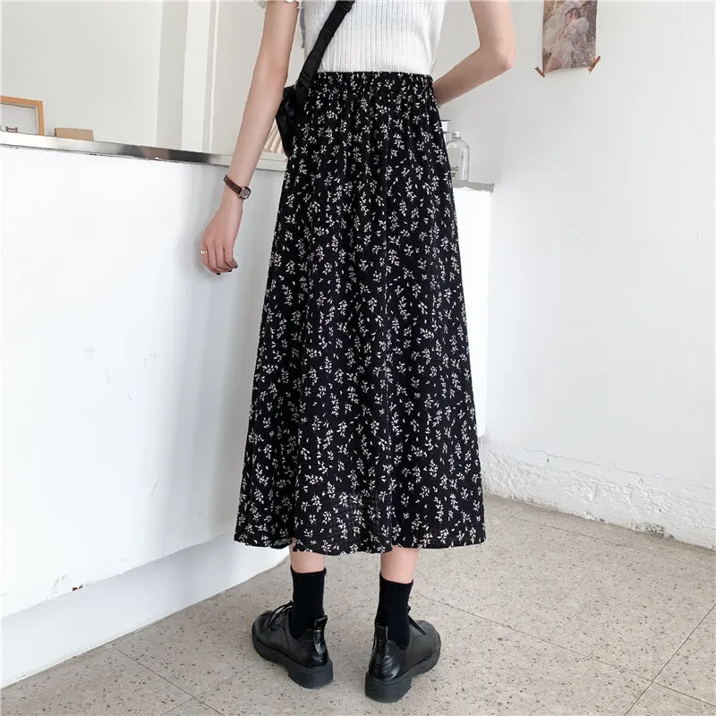 High Waist A-Line Skirt Mid-Length Petite Floral Fairy-Look Demure Elegant Women Skirt