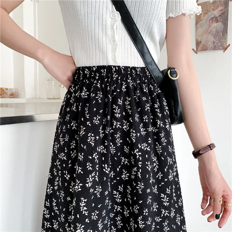 High Waist A-Line Skirt Mid-Length Petite Floral Fairy-Look Demure Elegant Women Skirt