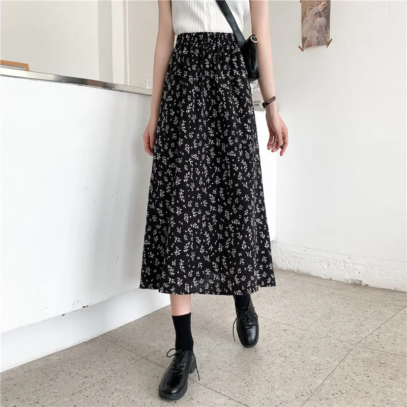 High Waist A-Line Skirt Mid-Length Petite Floral Fairy-Look Demure Elegant Women Skirt