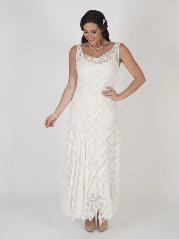 Ivory Stretch Lace Cinderella Bead Trim Dress