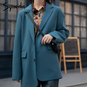 Joskaa Suit Blazers Women 2024 Fall Winter New Office Lady Jacket Long Sleeve Notched Blue Black Coats Single Breasted Outwear