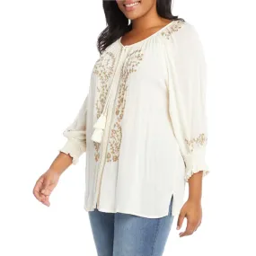 KAREN KANE Plus Floral Embroidered Tassels Button Front Peasant Blouse Top