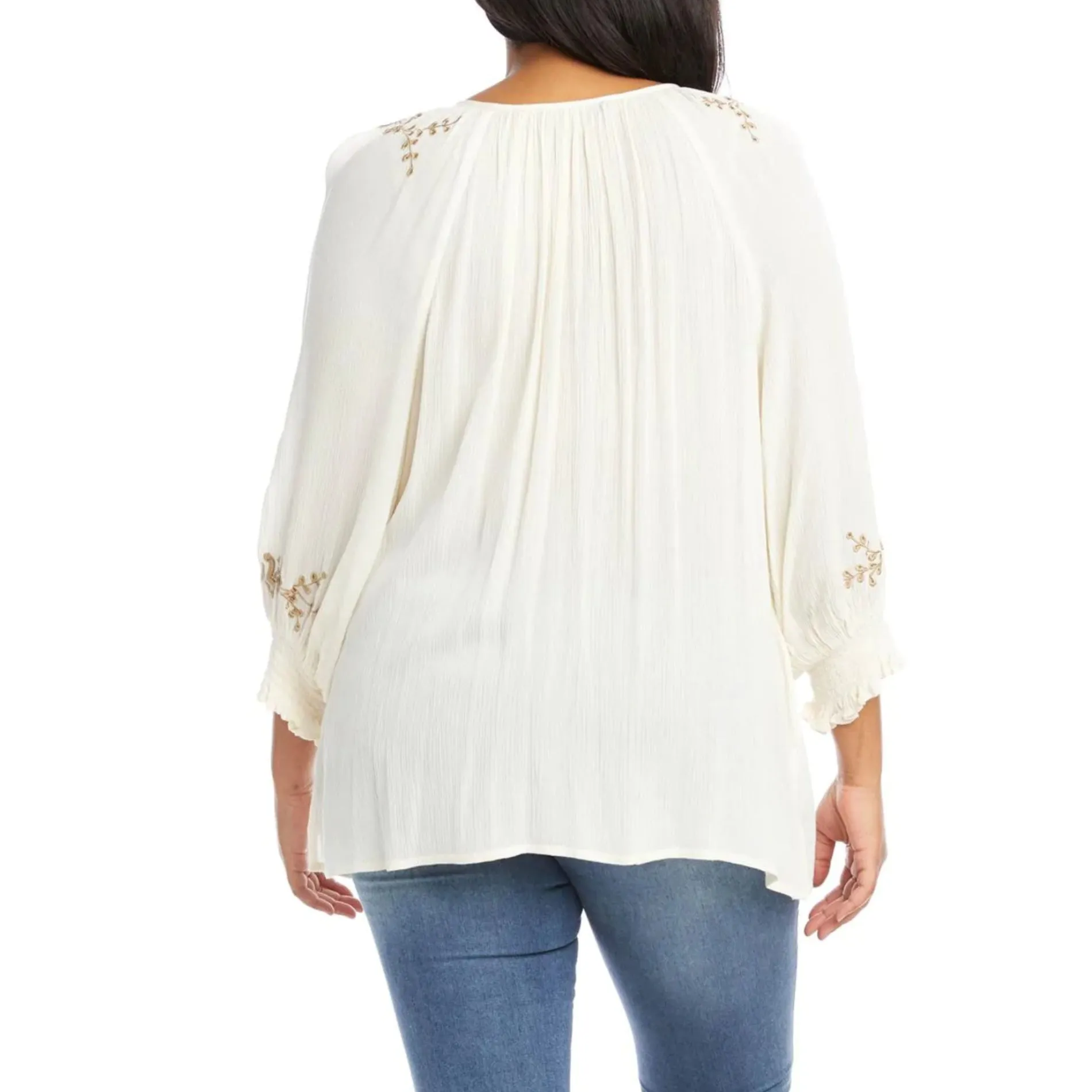 KAREN KANE Plus Floral Embroidered Tassels Button Front Peasant Blouse Top