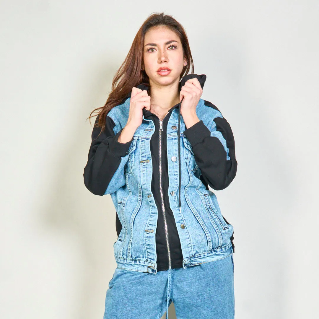 Layered denim and hoodie jacket wholesale