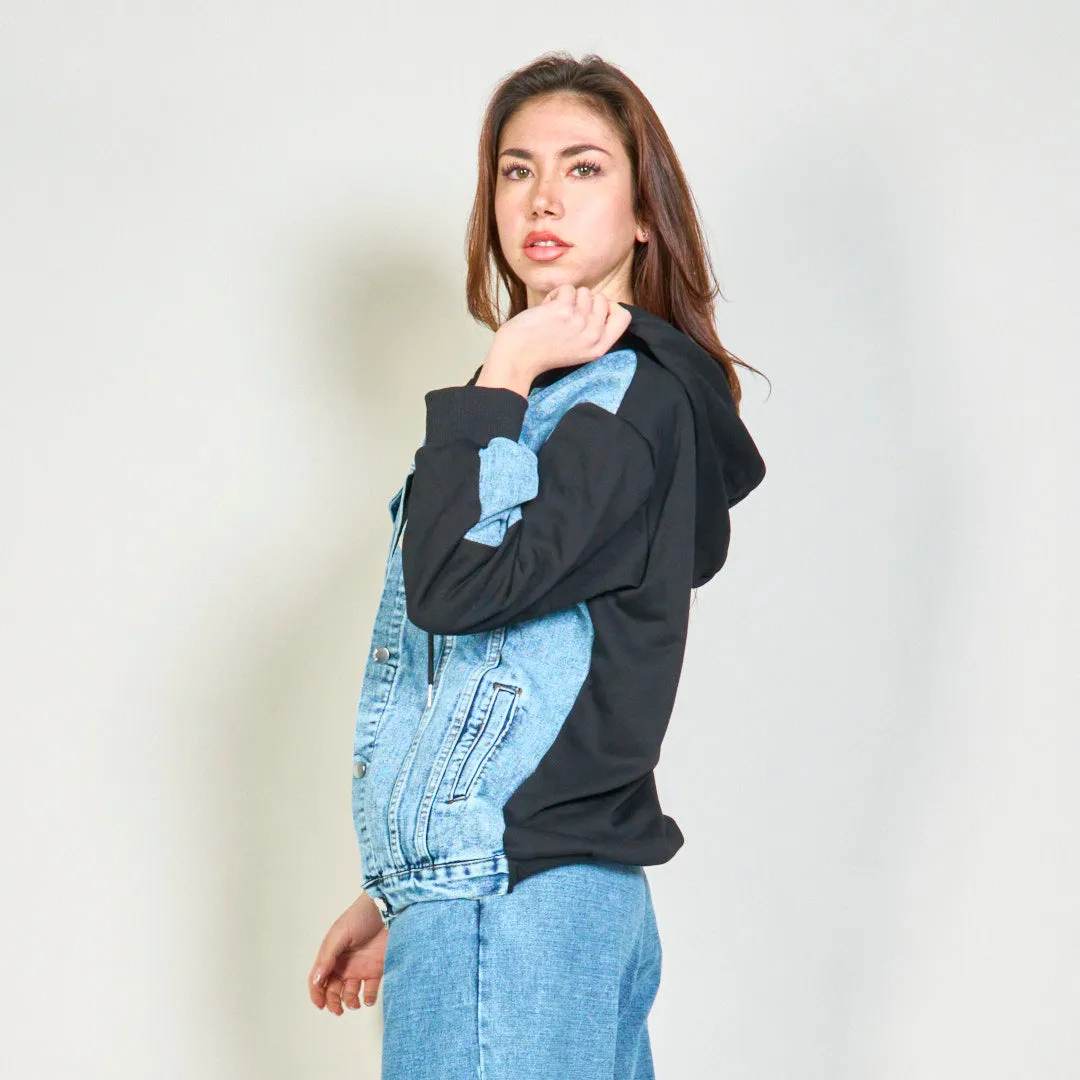 Layered denim and hoodie jacket wholesale