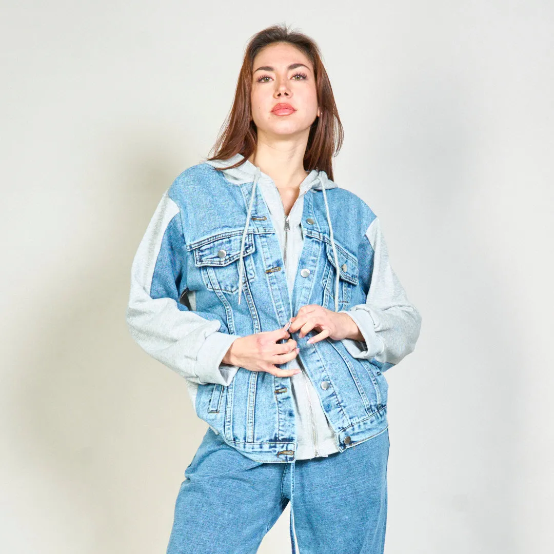 Layered denim and hoodie jacket wholesale