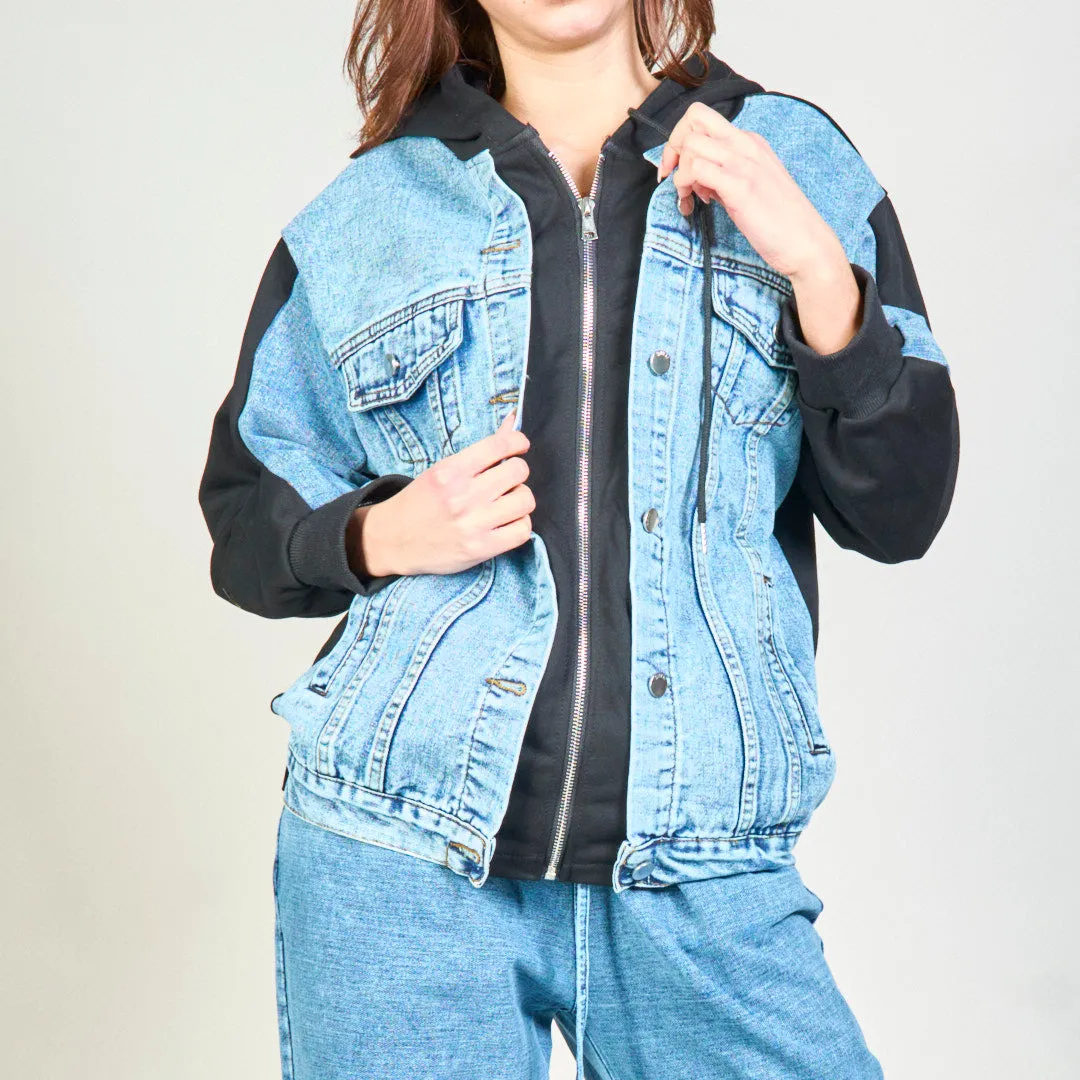 Layered denim and hoodie jacket wholesale