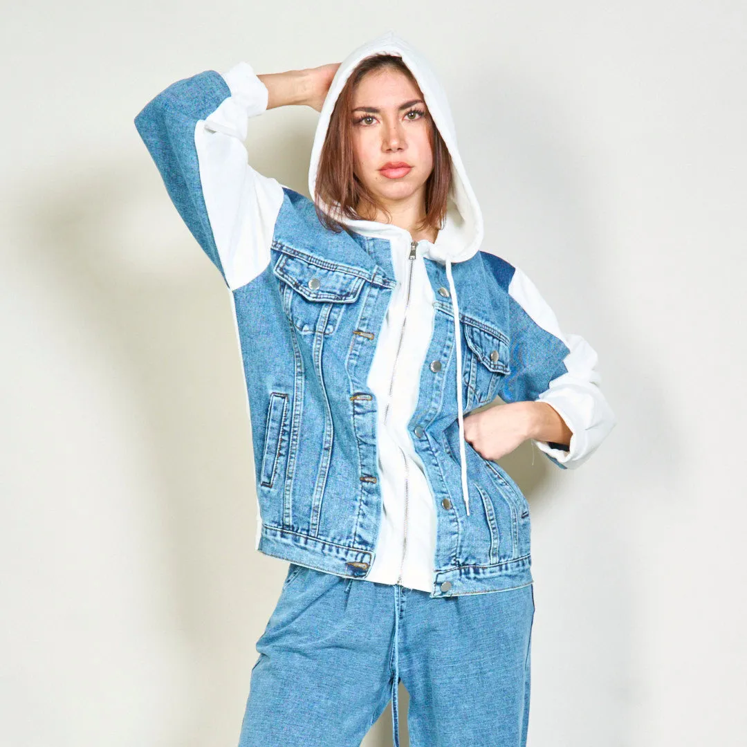 Layered denim and hoodie jacket wholesale