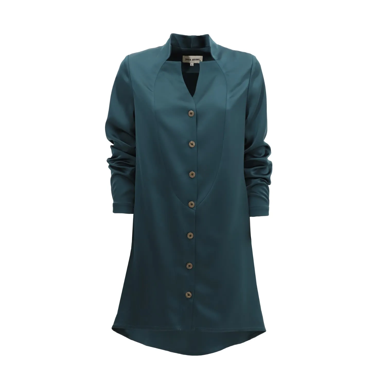 Long Satin Button-Down Blouse Emerald