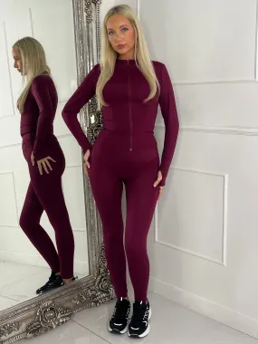 Long sleeve gym Jacket & Matching Leggings Set - Wine