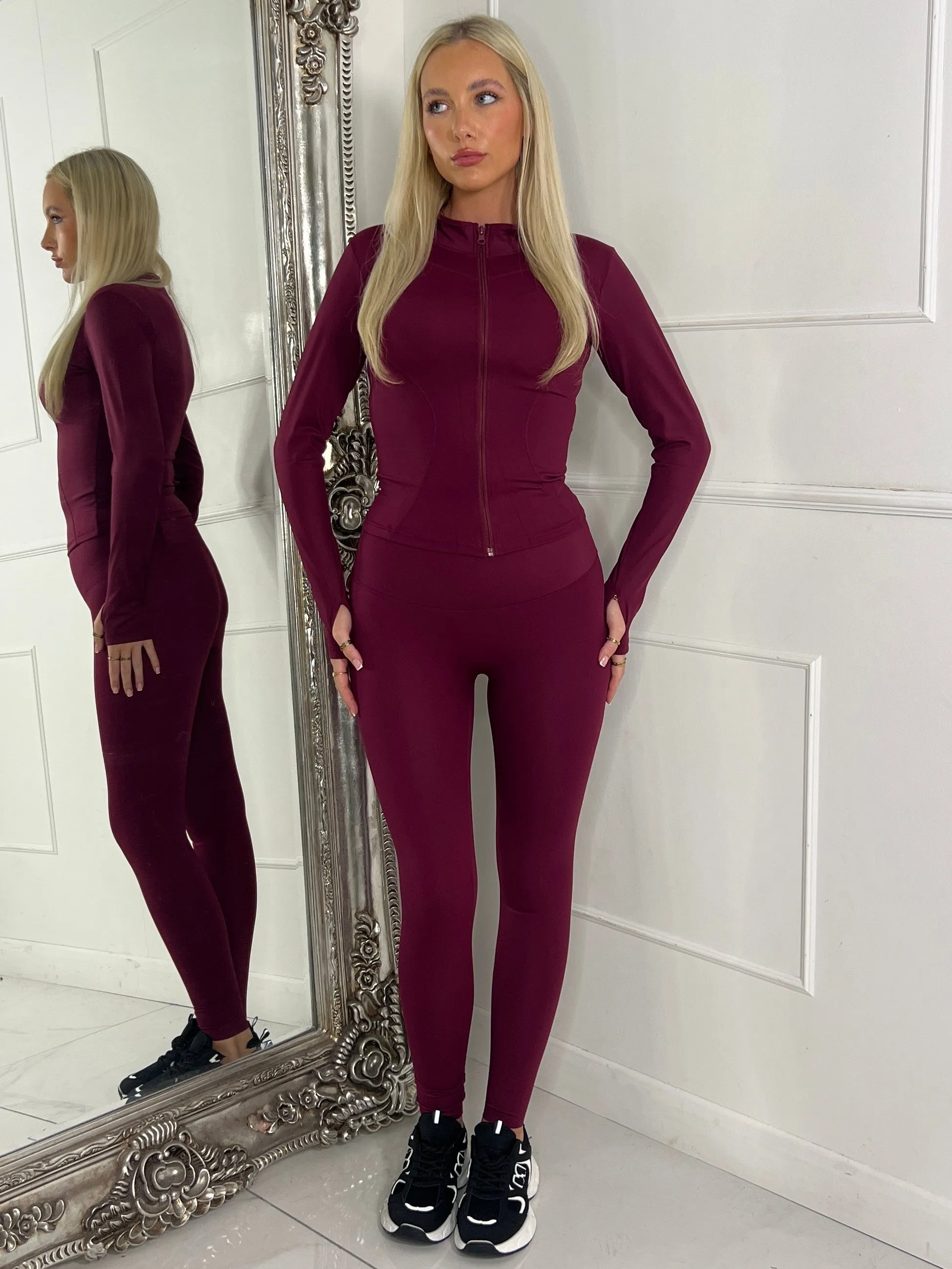 Long sleeve gym Jacket & Matching Leggings Set - Wine