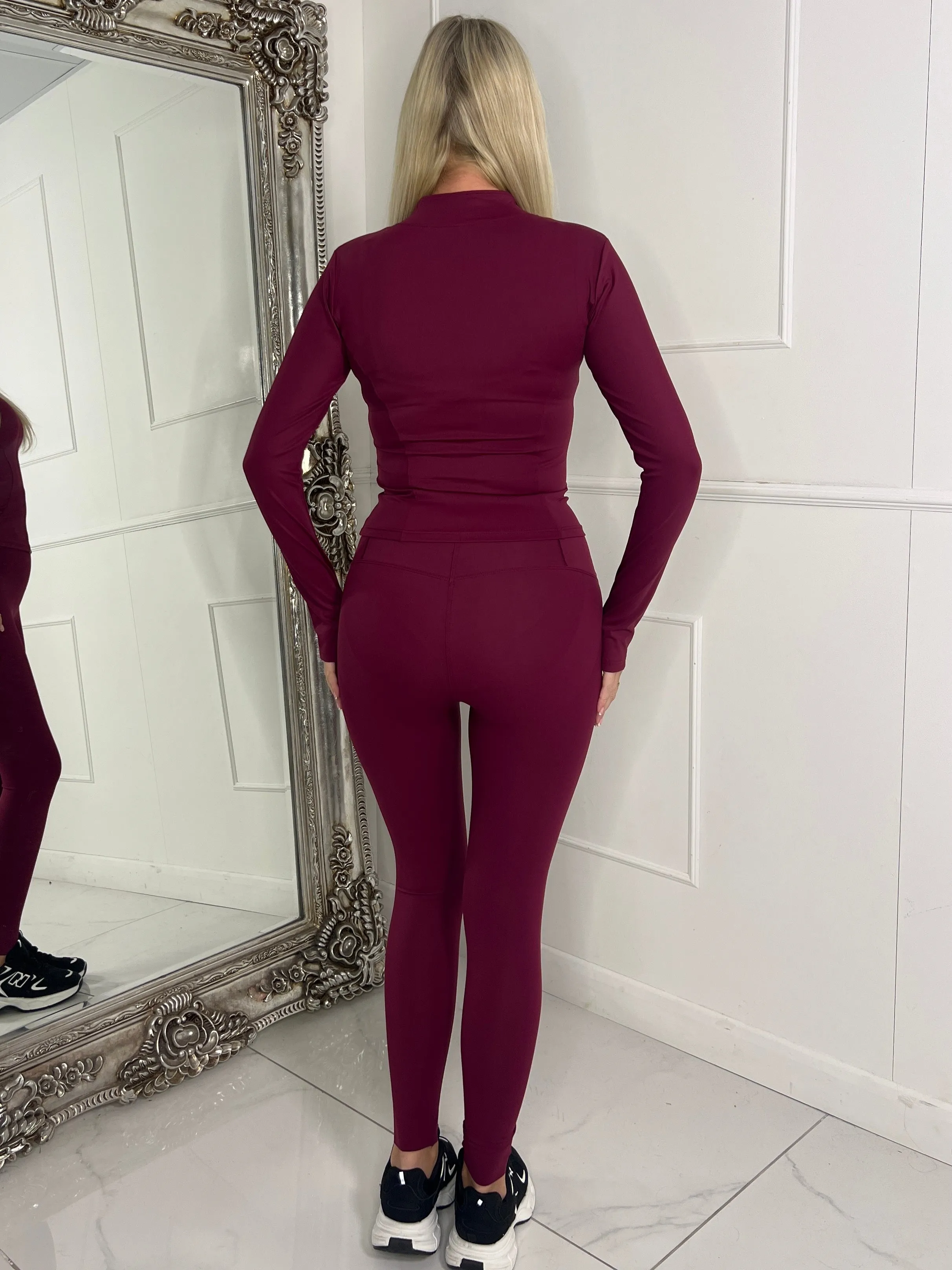 Long sleeve gym Jacket & Matching Leggings Set - Wine