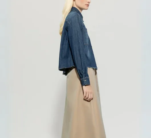 LUISA CERANO - Cropped Denim Raw Hem Blouse in Denim Blue