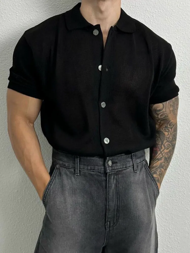 Mens Basic Simple Casual Short-Sleeve Knitted Shirt