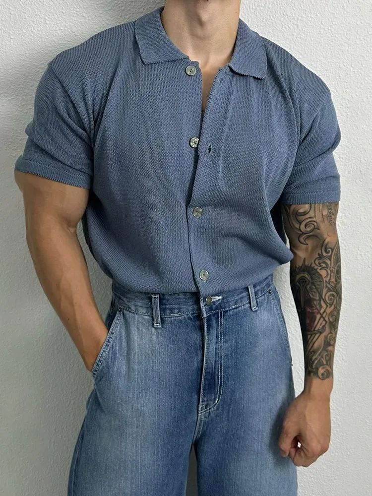 Mens Basic Simple Casual Short-Sleeve Knitted Shirt