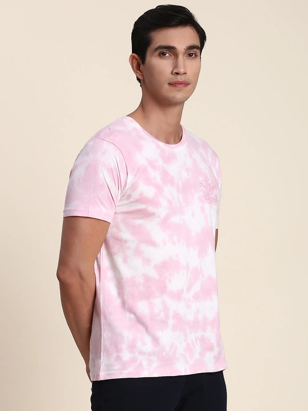 Men's Soft And Stretchy Fabric Pink Casual Crew Neck Tshirt