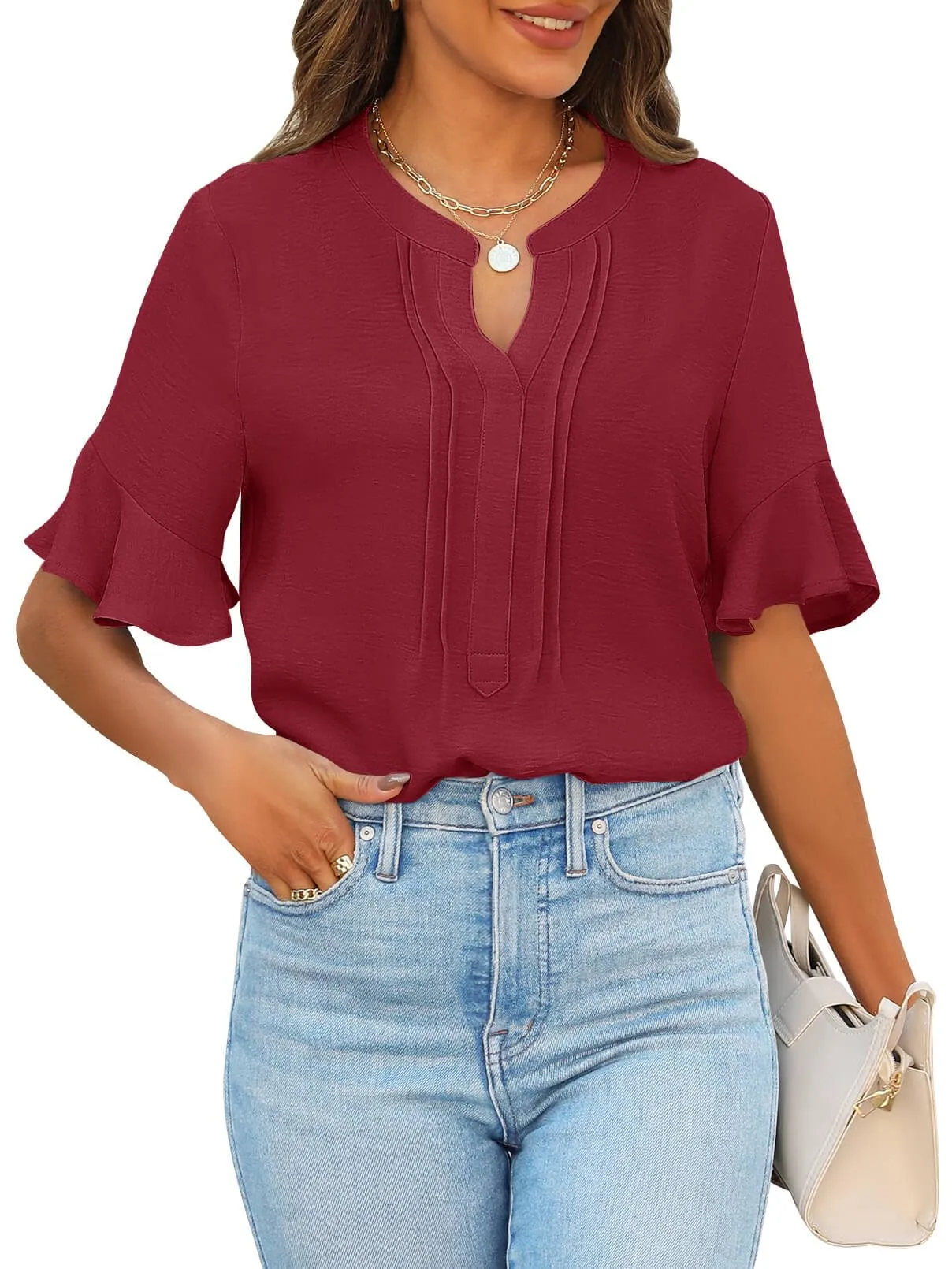 MEROKEETY Ruffle Sleeve V Neck Dressy Blouse