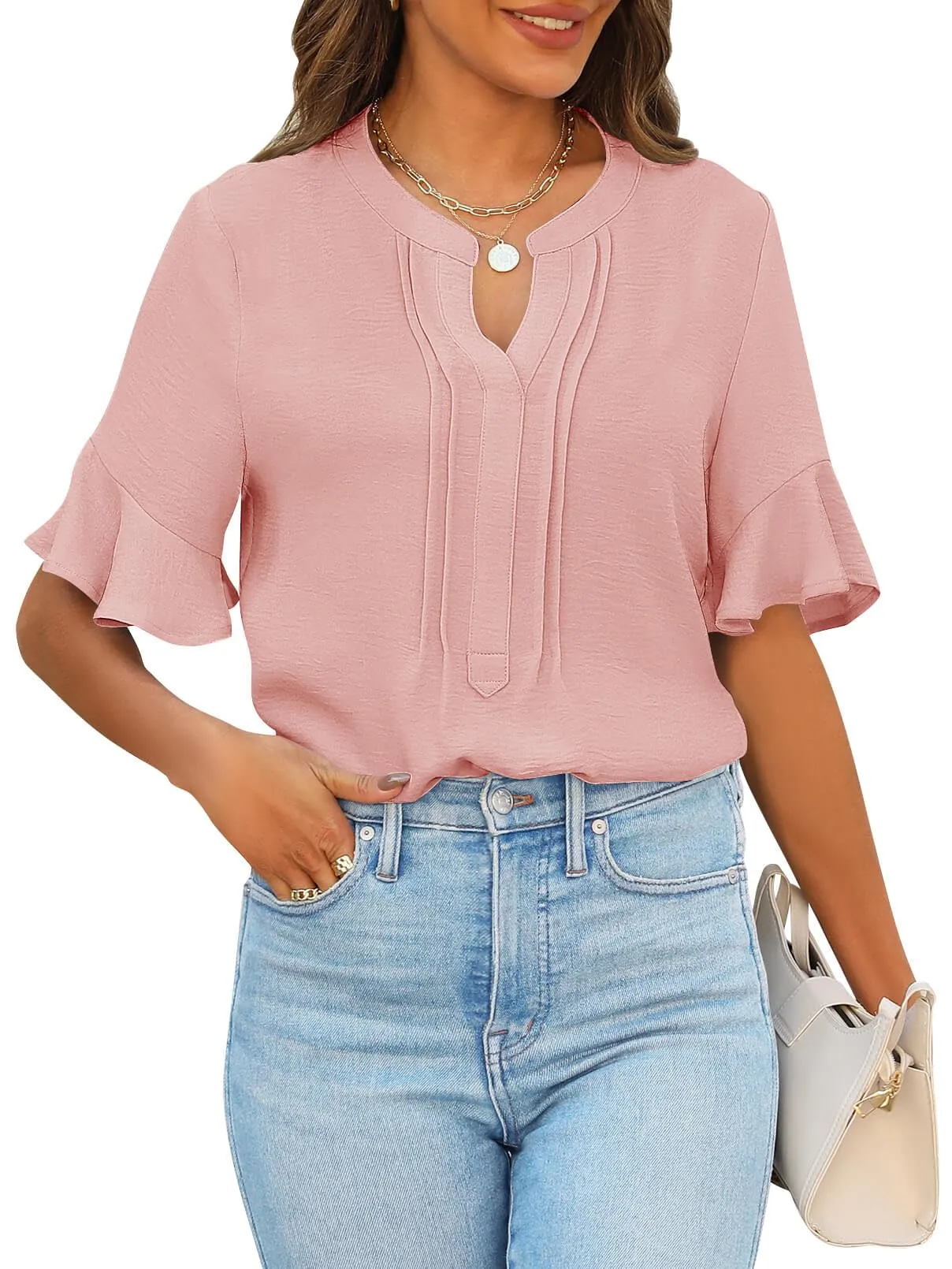 MEROKEETY Ruffle Sleeve V Neck Dressy Blouse