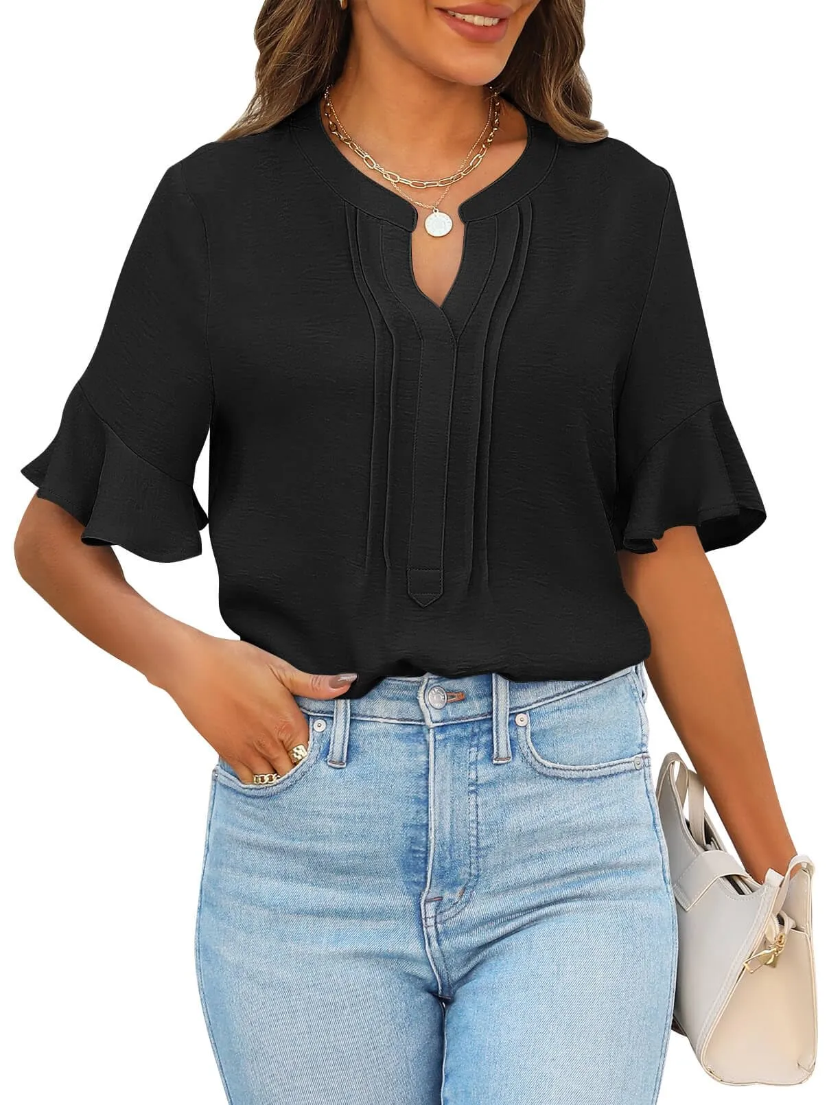 MEROKEETY Ruffle Sleeve V Neck Dressy Blouse