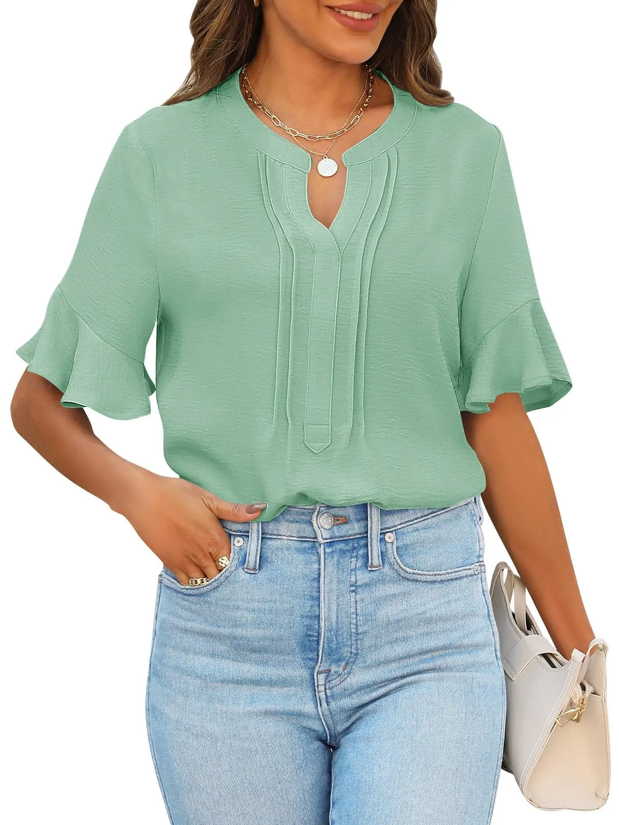 MEROKEETY Ruffle Sleeve V Neck Dressy Blouse