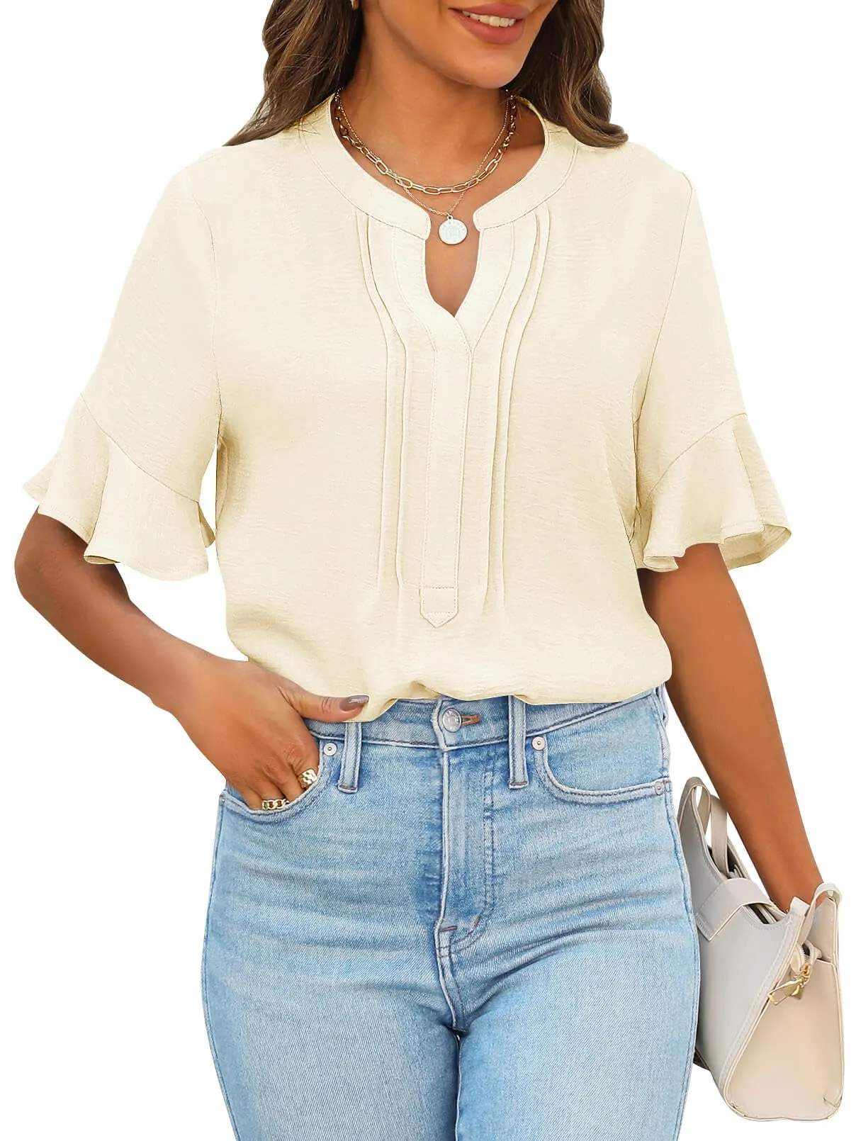 MEROKEETY Ruffle Sleeve V Neck Dressy Blouse