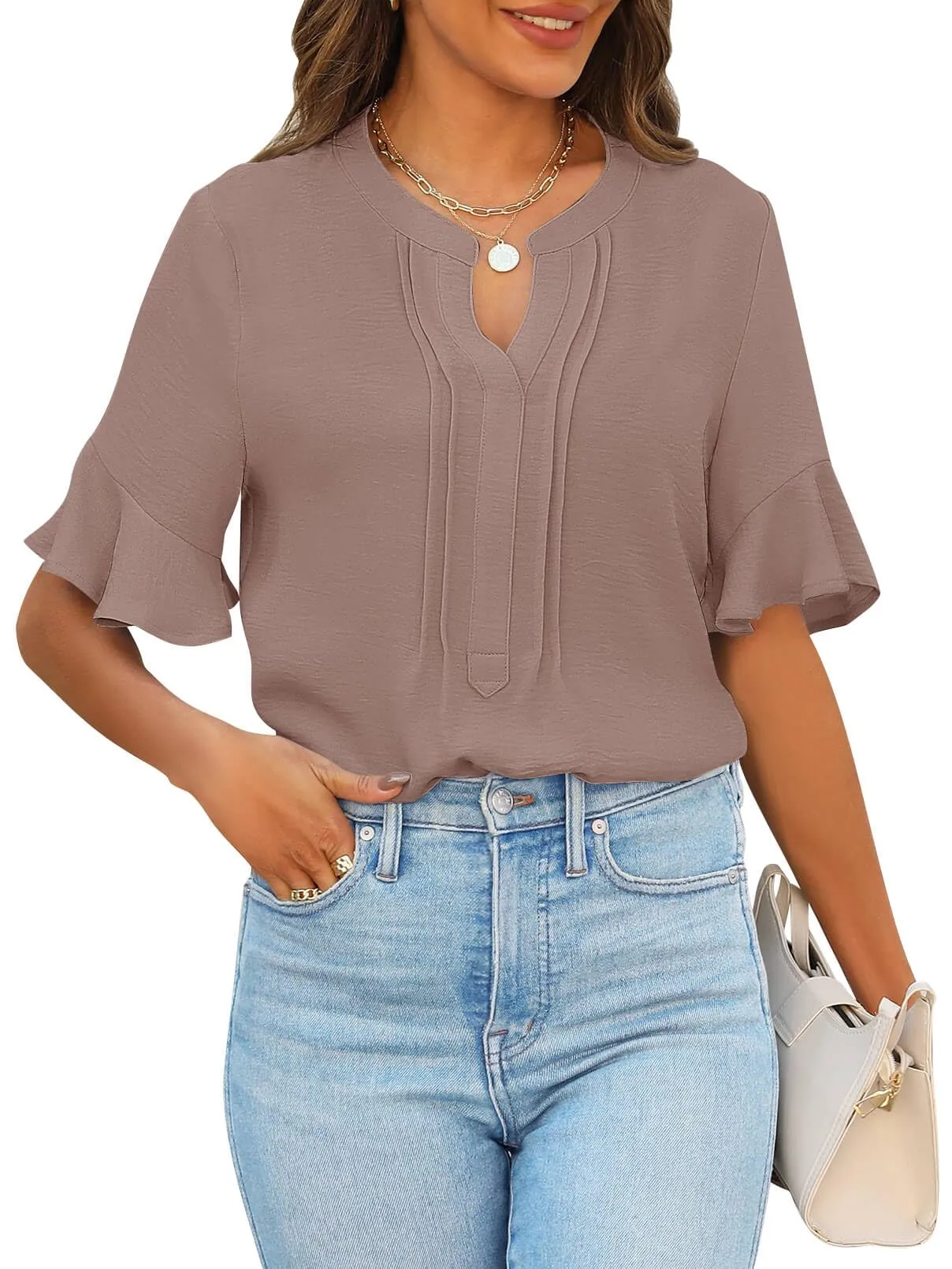 MEROKEETY Ruffle Sleeve V Neck Dressy Blouse