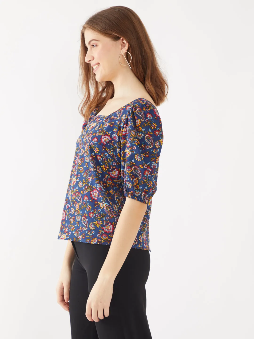 Navy Blue Bohemian Printed Regular Top