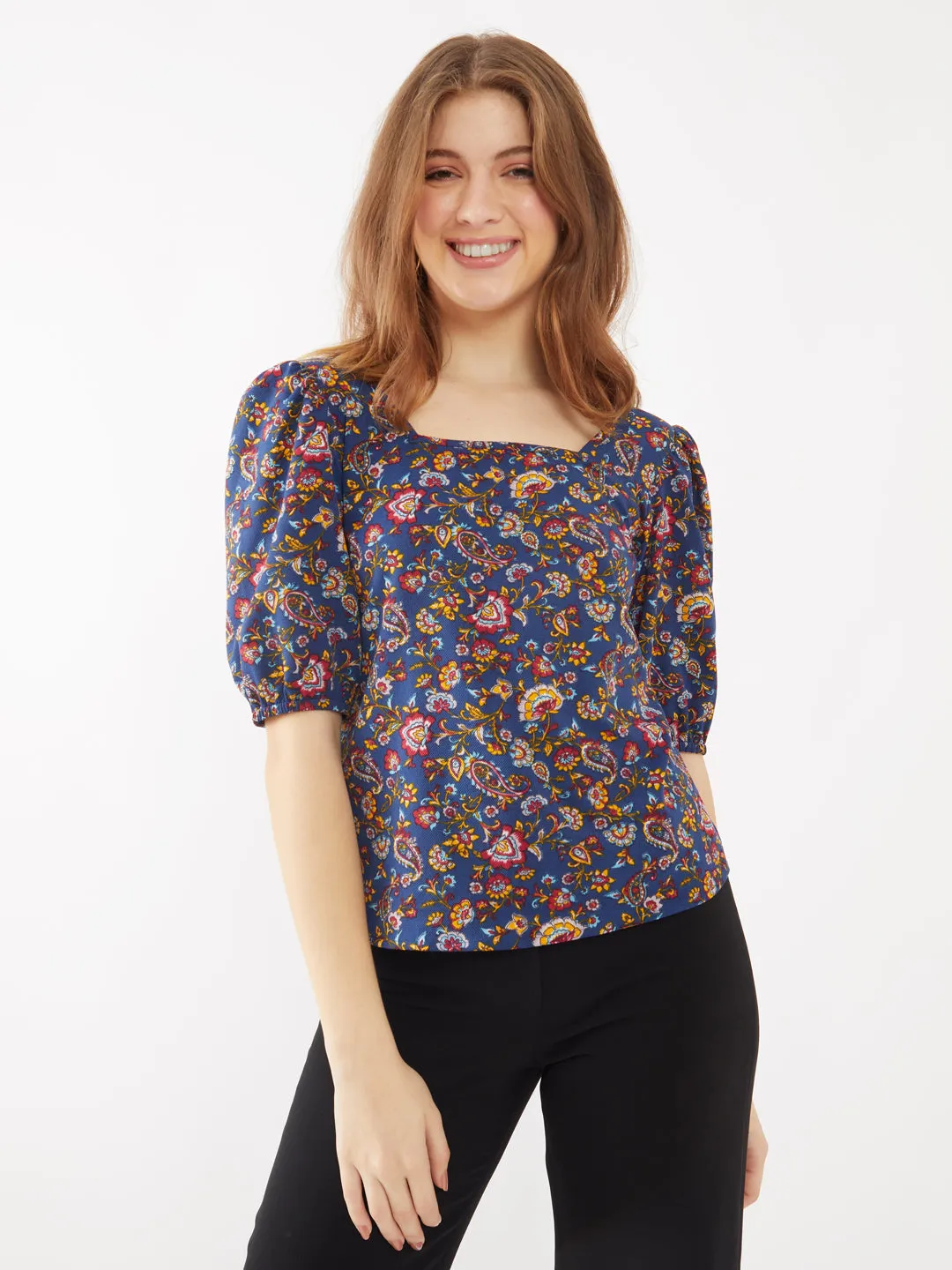 Navy Blue Bohemian Printed Regular Top