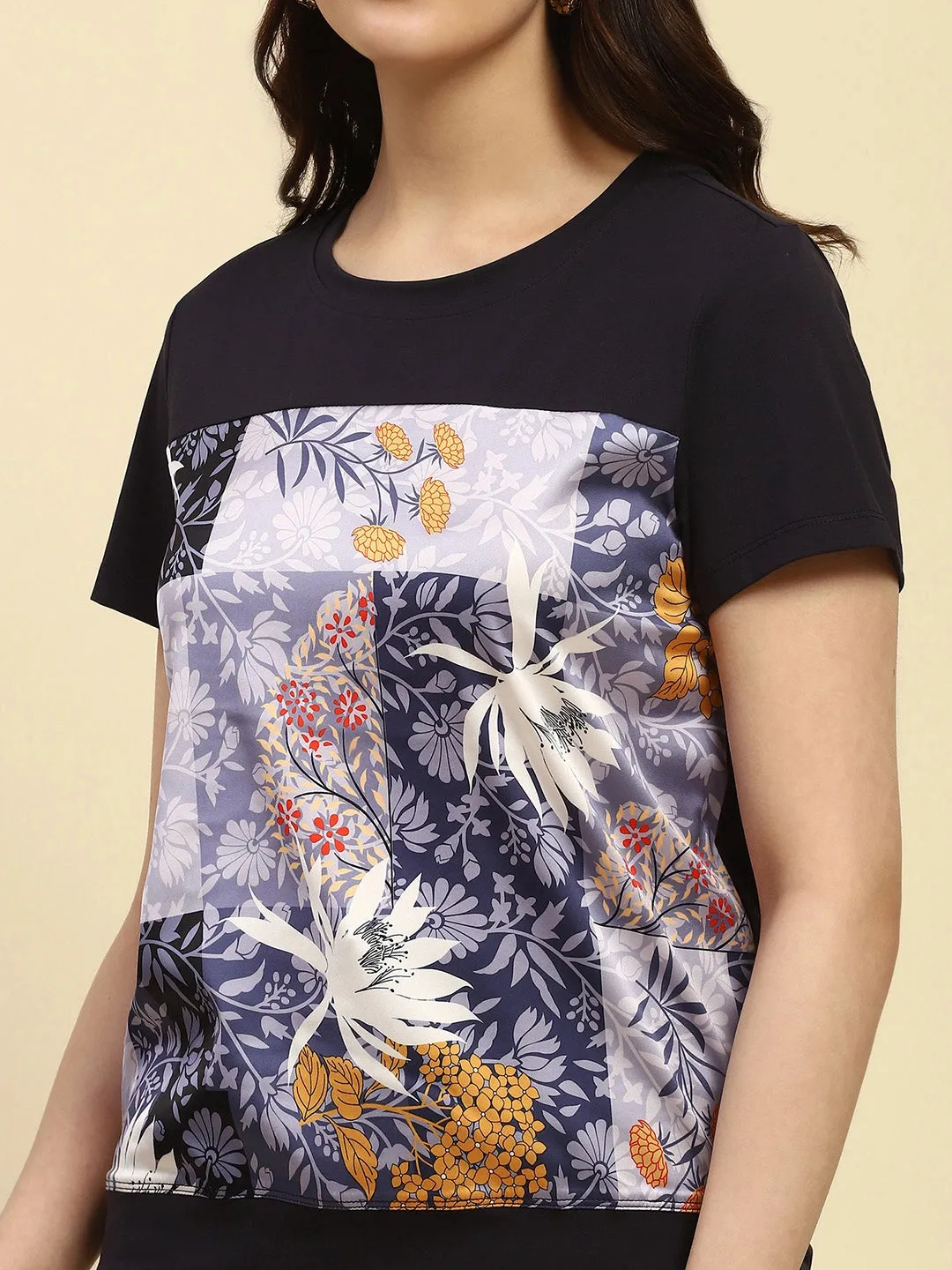 Navy Graphic Print Cotton Relaxed Fit Top