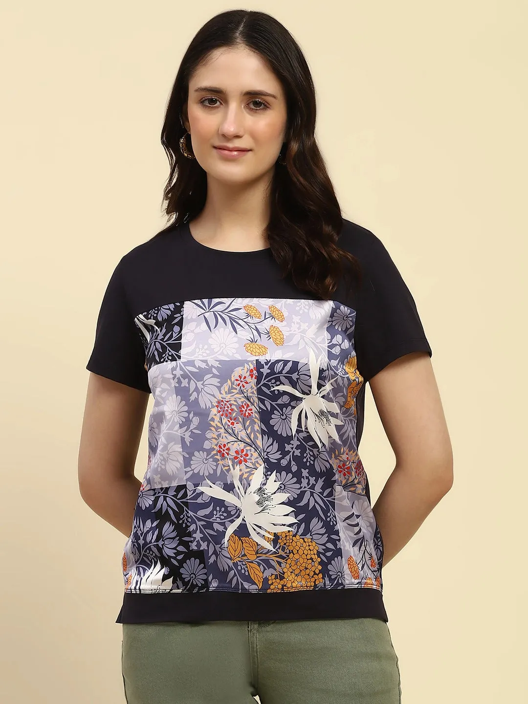 Navy Graphic Print Cotton Relaxed Fit Top