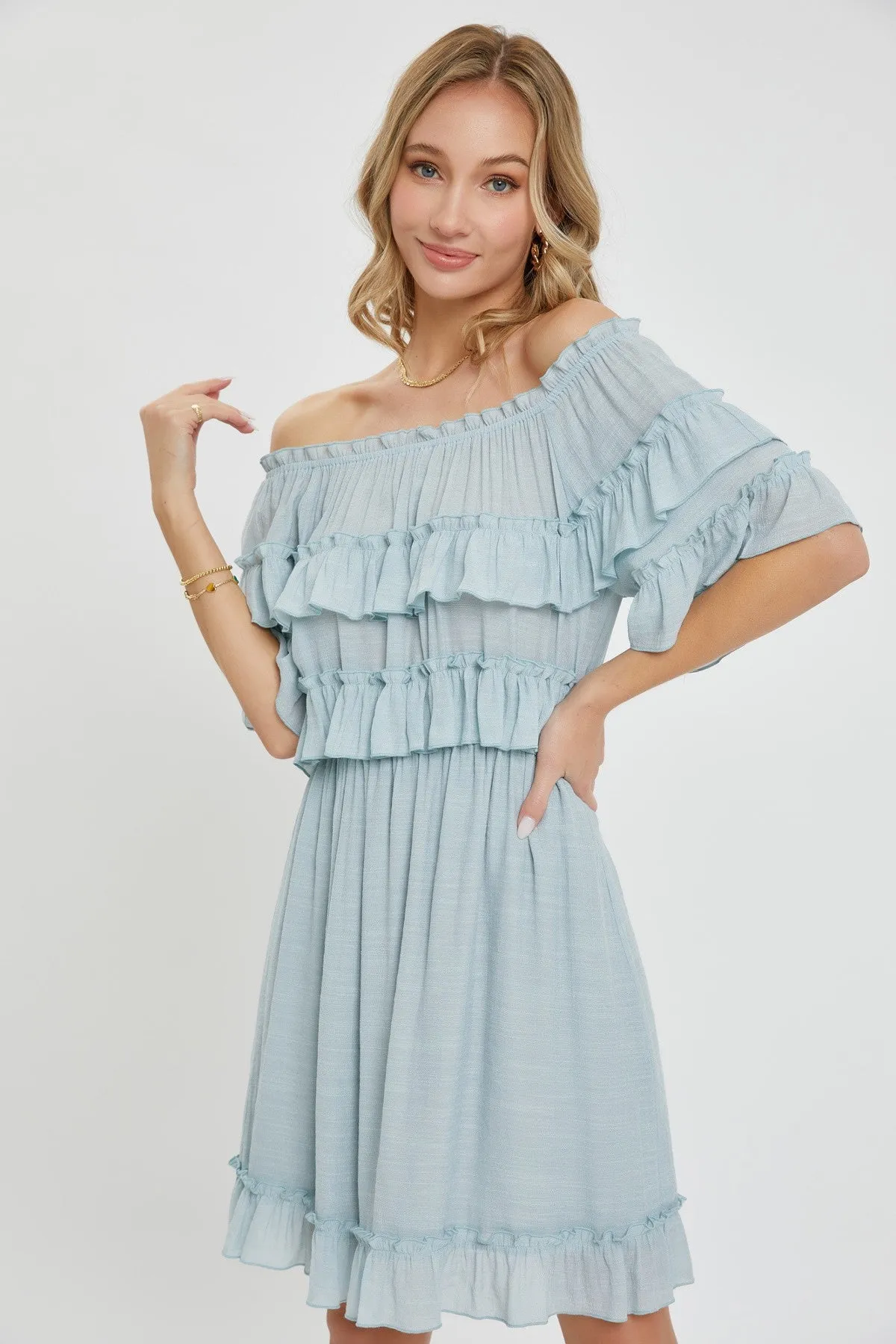 Off Shoulder Ruffle Dress - 3 colors