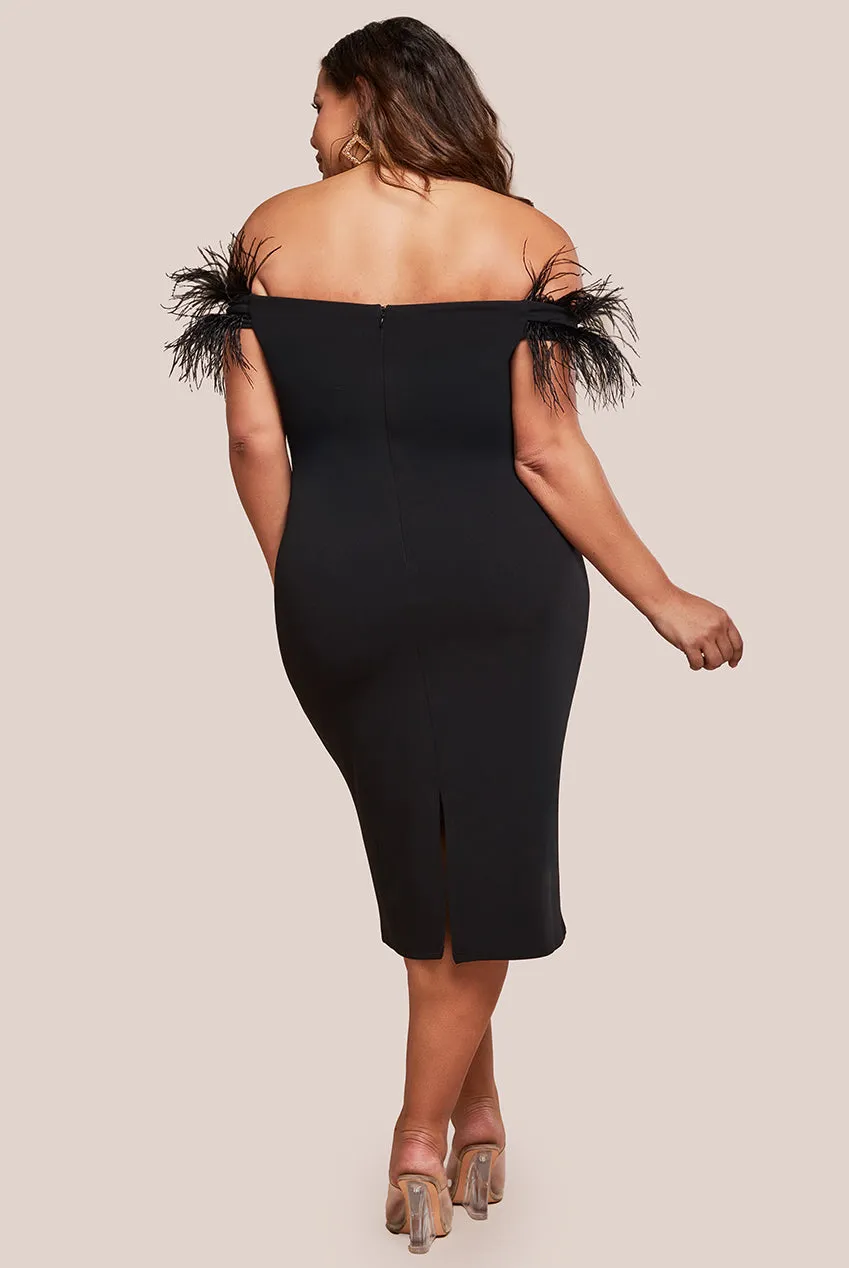 Off The Shoulder Feather Midi Dress - Black by Goddiva Plus