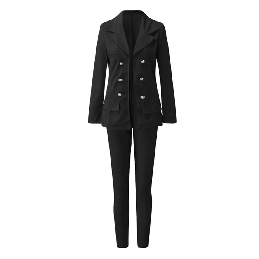 Office Wear Women Suit Autumn New Double Breasted Long Sleeve Turn-down Collar Blazers   Solid High Waisted Pant Outfits L  001660007