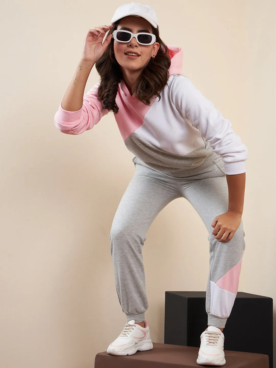 Pink & Grey Fleece Color Blocked Tracksuit Set