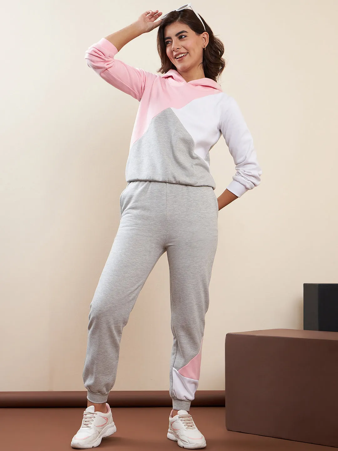 Pink & Grey Fleece Color Blocked Tracksuit Set