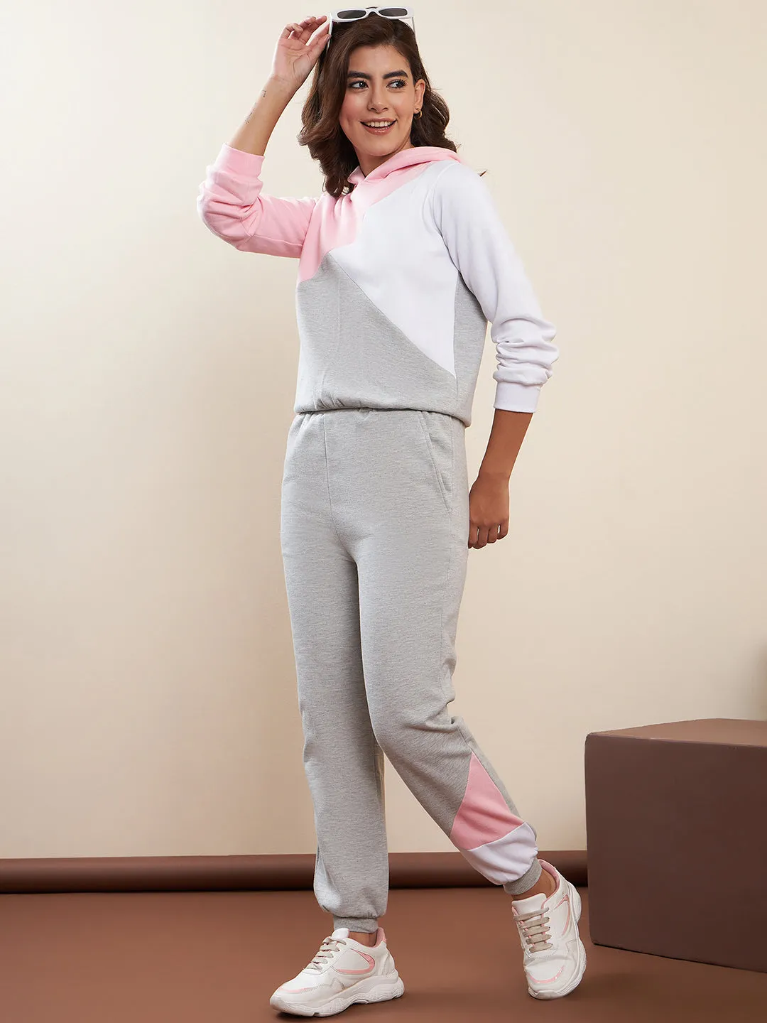 Pink & Grey Fleece Color Blocked Tracksuit Set