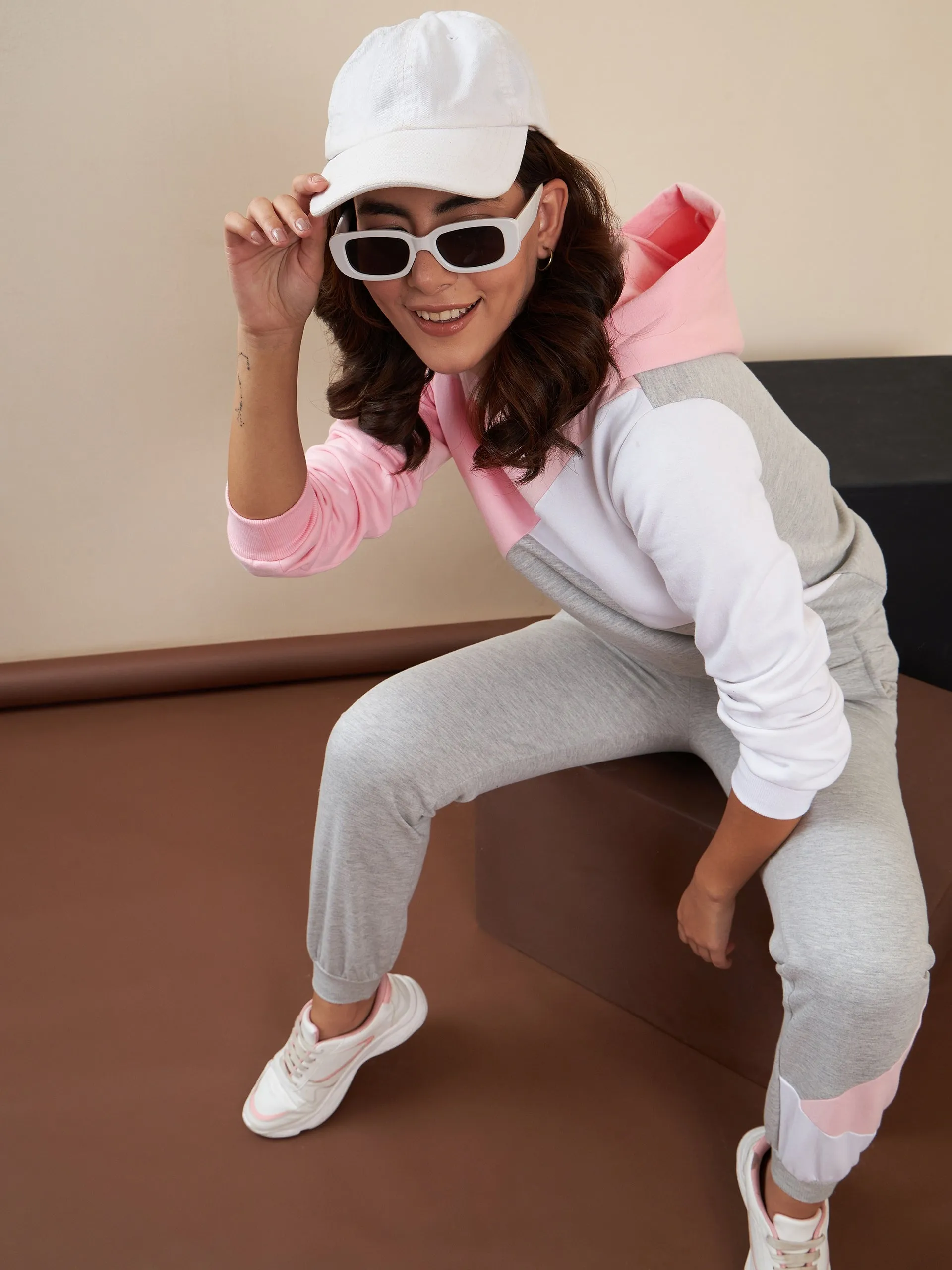 Pink & Grey Fleece Color Blocked Tracksuit Set