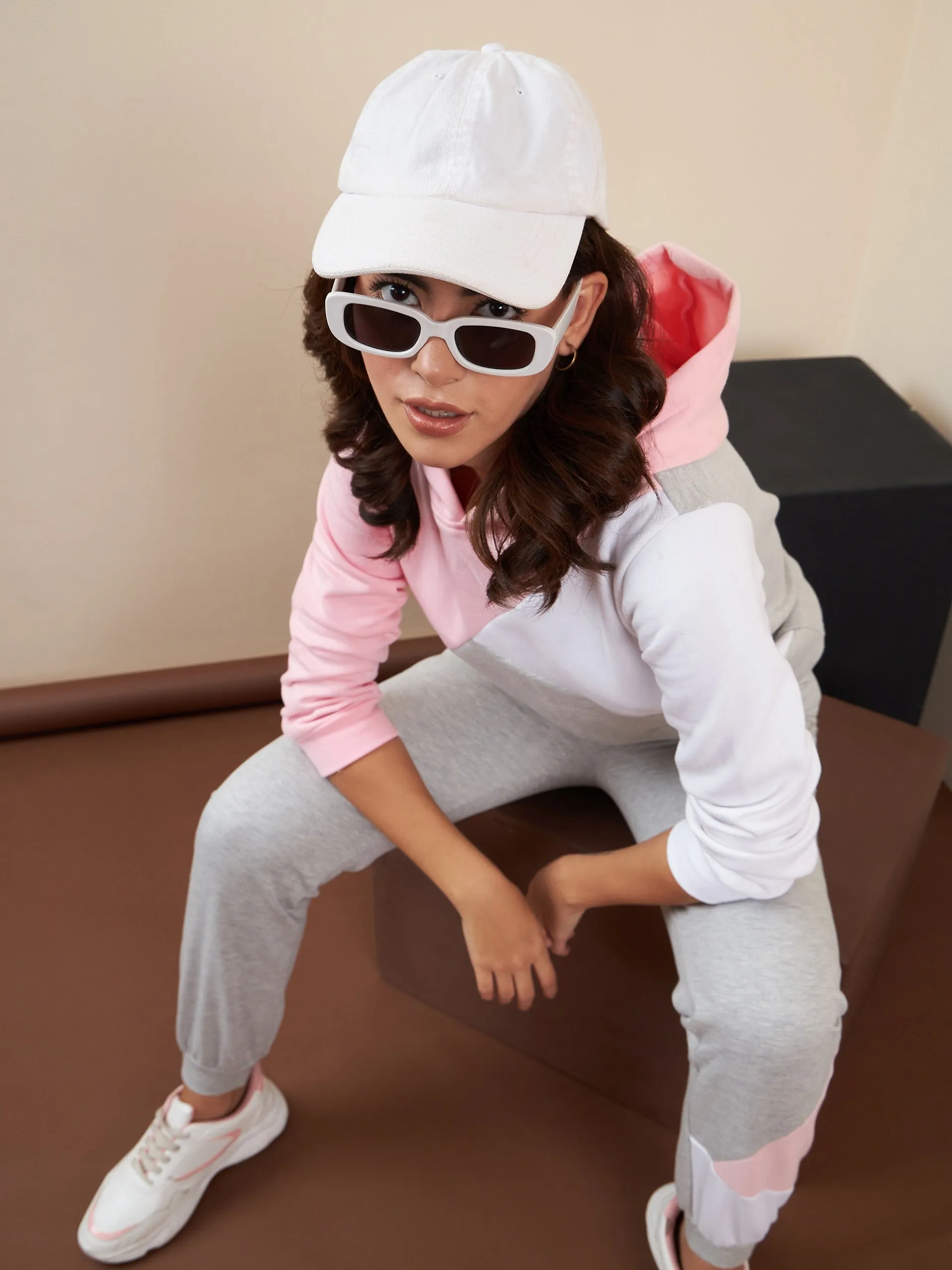 Pink & Grey Fleece Color Blocked Tracksuit Set