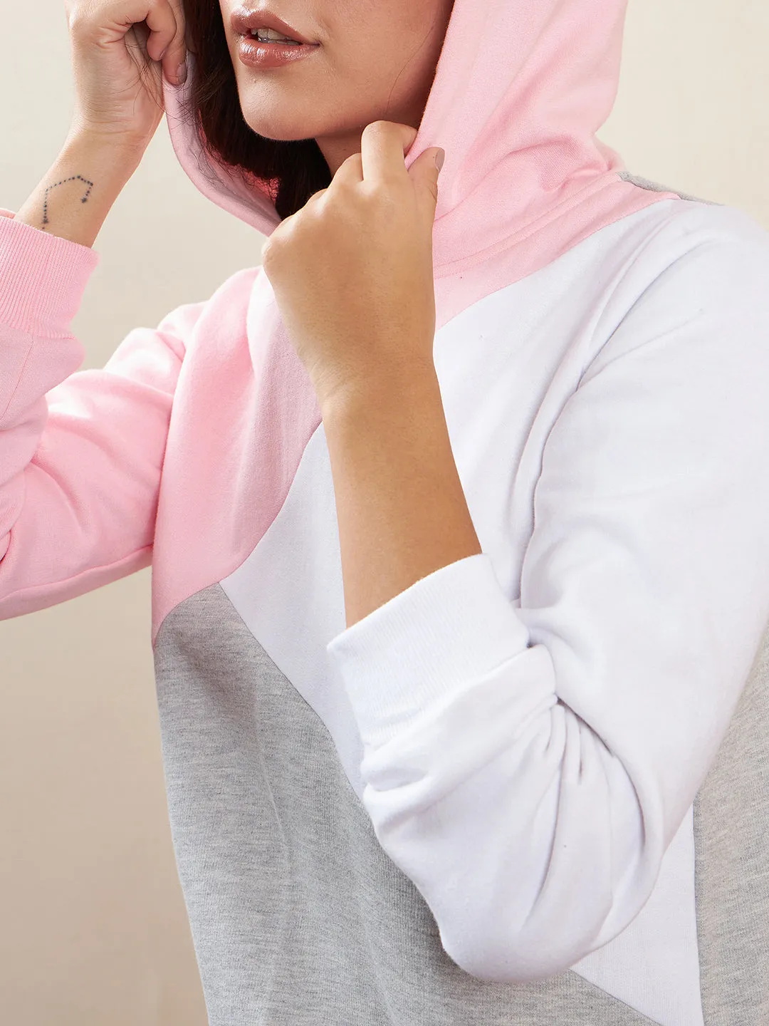 Pink & Grey Fleece Color Blocked Tracksuit Set