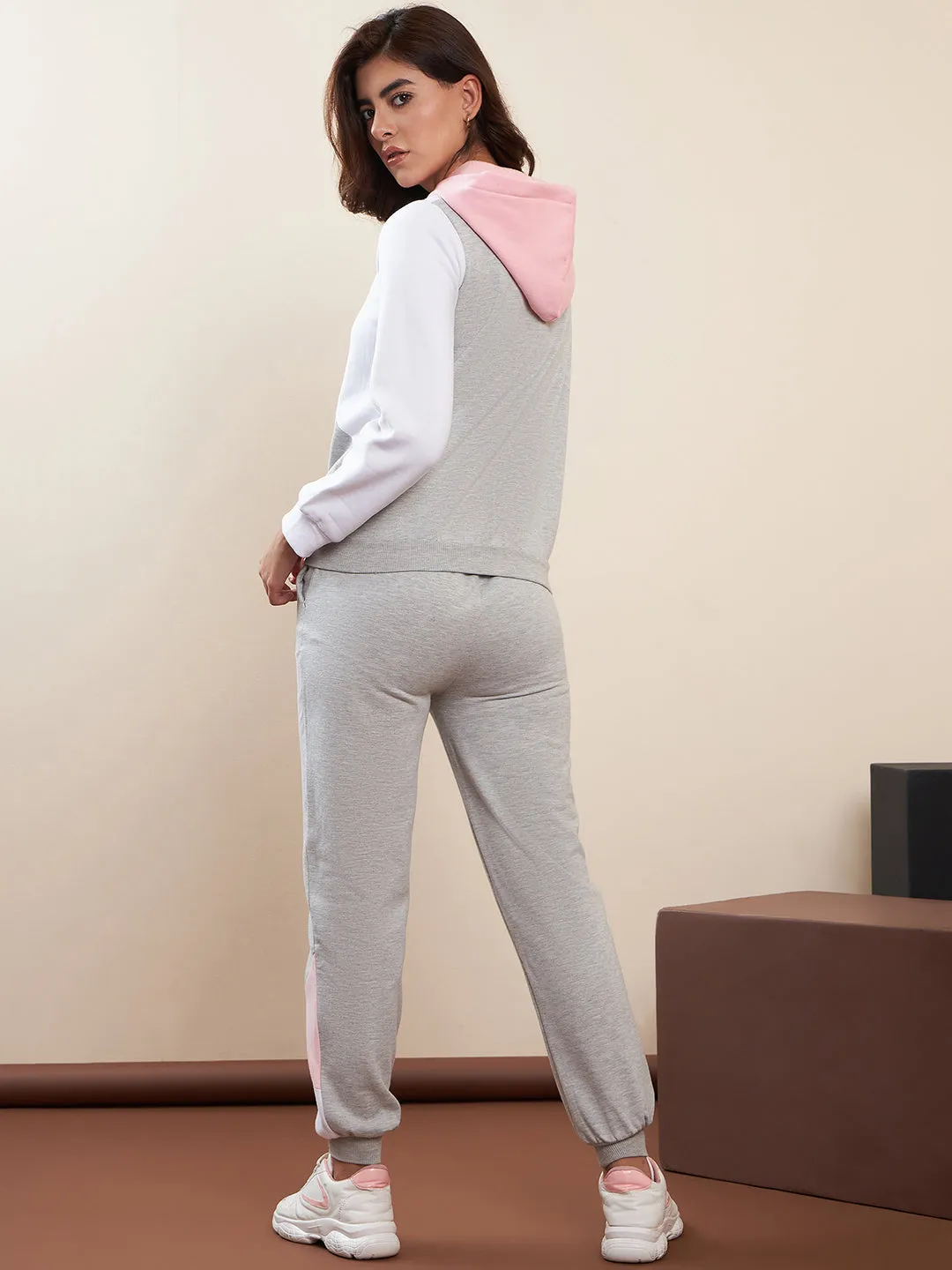 Pink & Grey Fleece Color Blocked Tracksuit Set