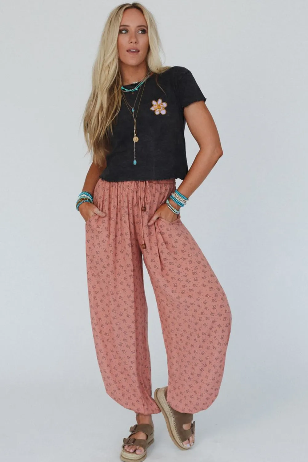 Pink Boho Floral Printed Wide Leg Jogger Pants