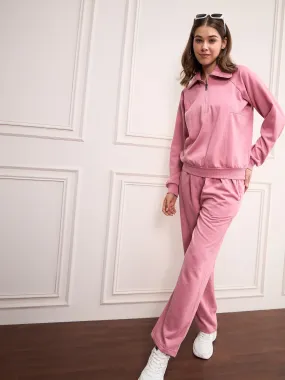 Pink Fleece Solid Tracksuit Set