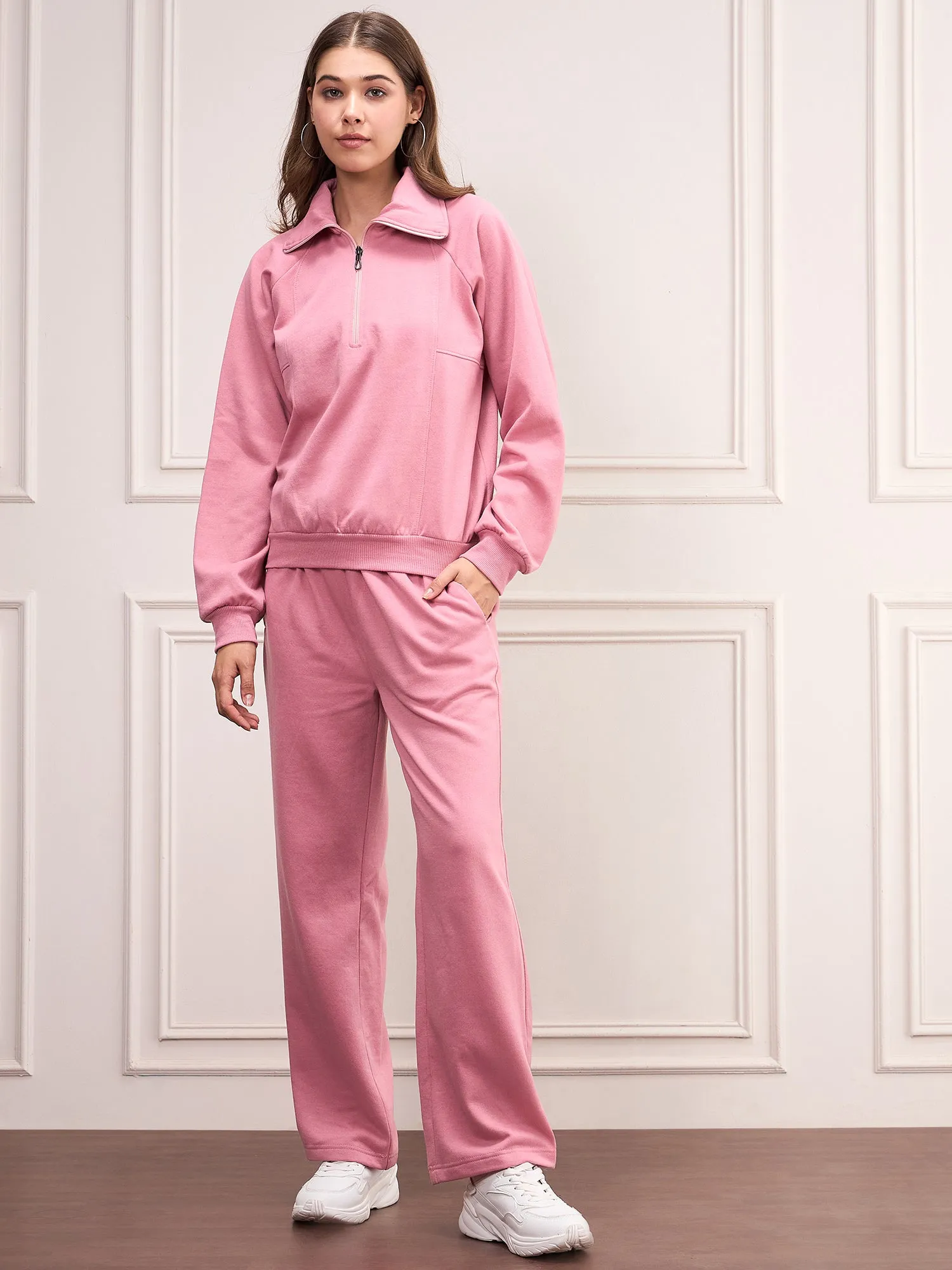 Pink Fleece Solid Tracksuit Set