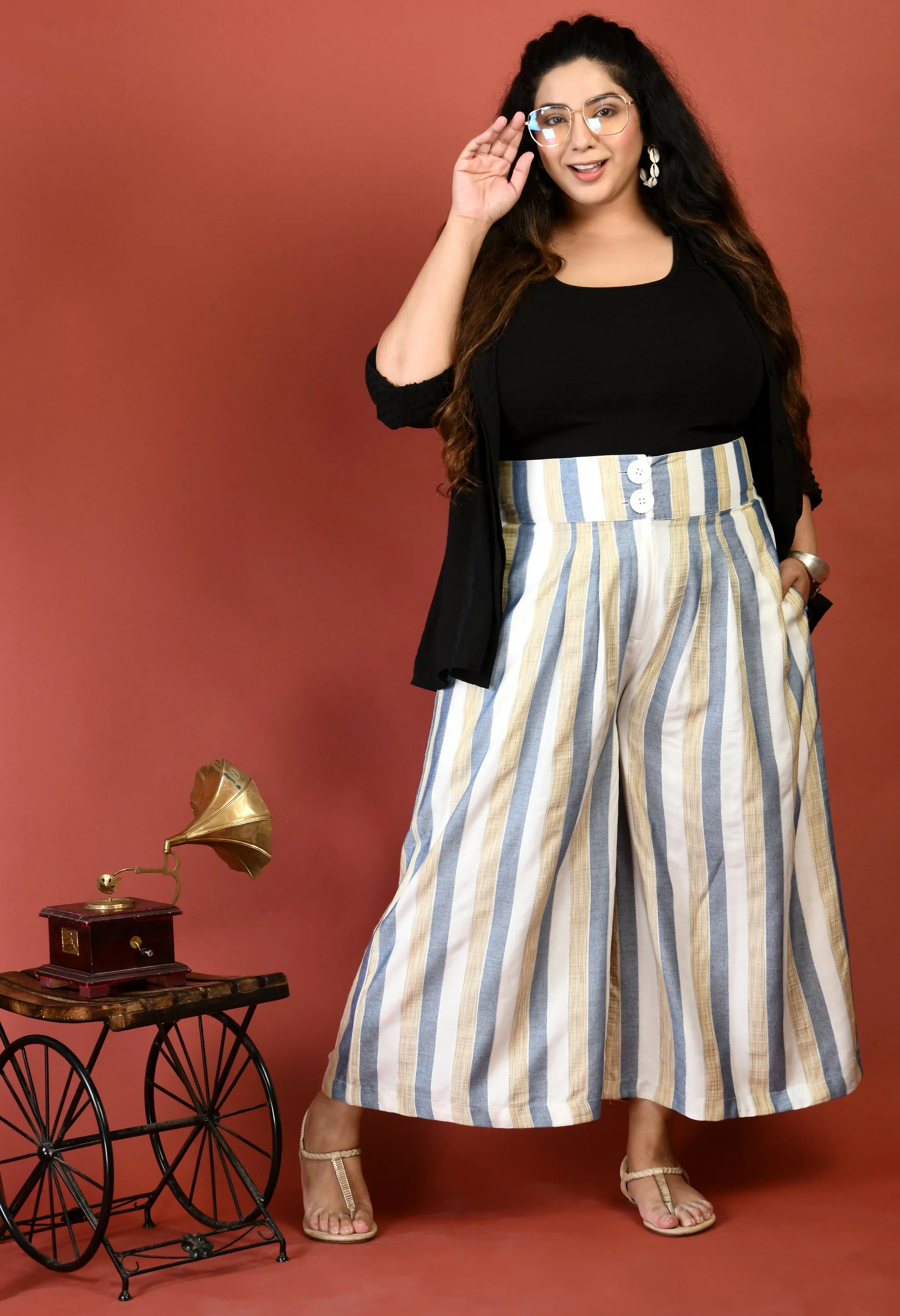 Plus Size Plus Size Striped White & Blue Culottes