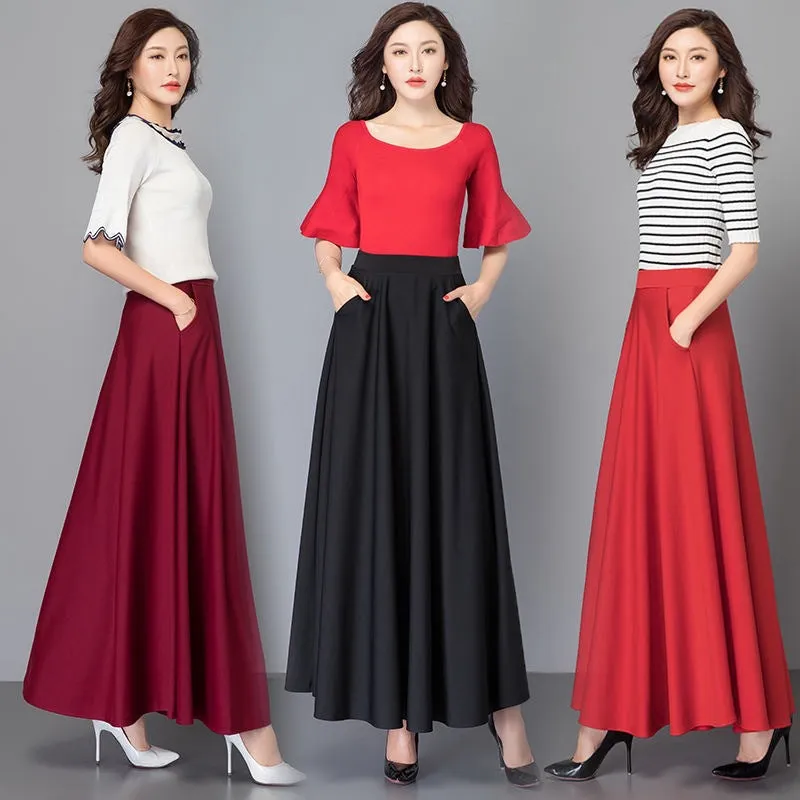 Plus Size Solid Colored Skirt Southeast Asia High Waist Slim Look Four Seasons Elegant Flare A-Line Women Skirt