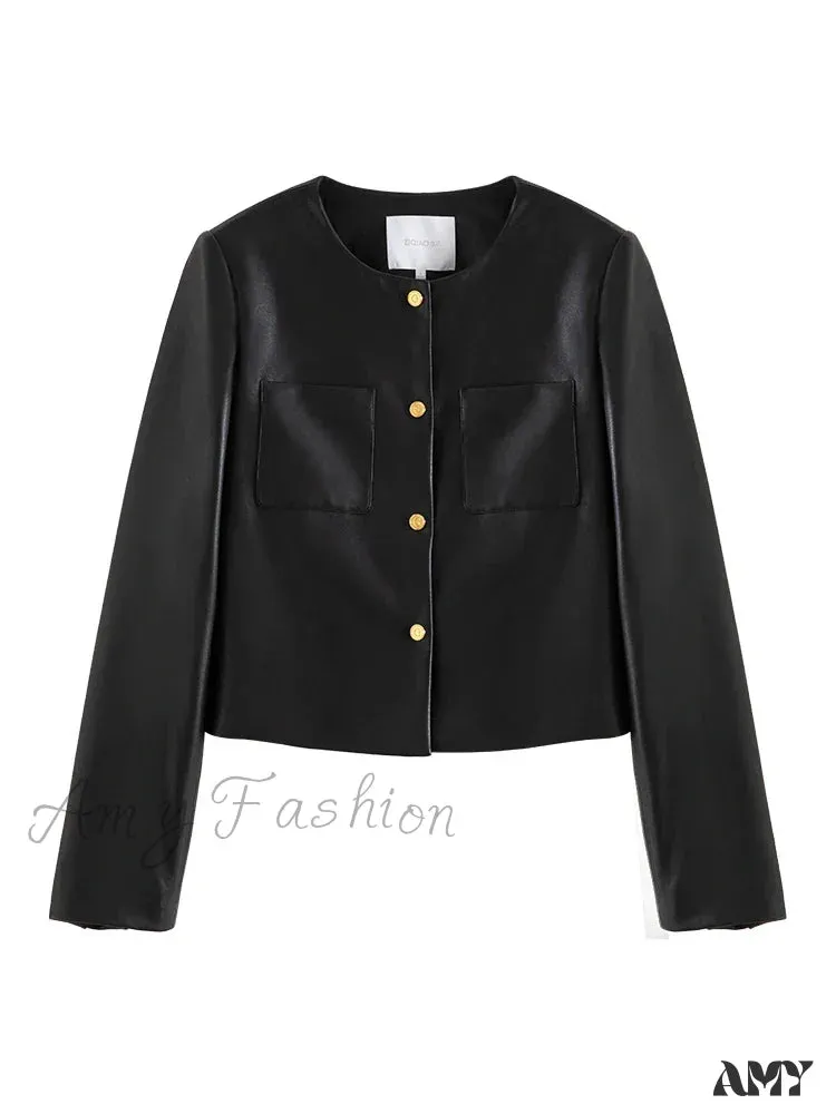 PU Leather Round Neck Simple Black Short Spring Front Shoulder Female Jacket