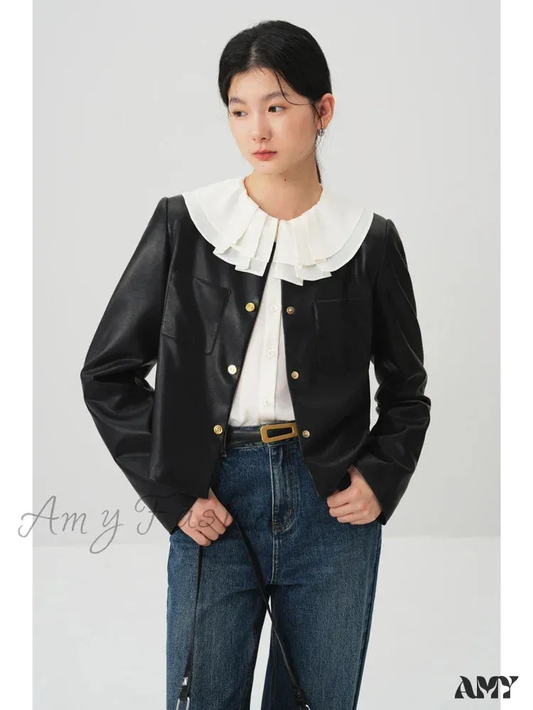 PU Leather Round Neck Simple Black Short Spring Front Shoulder Female Jacket